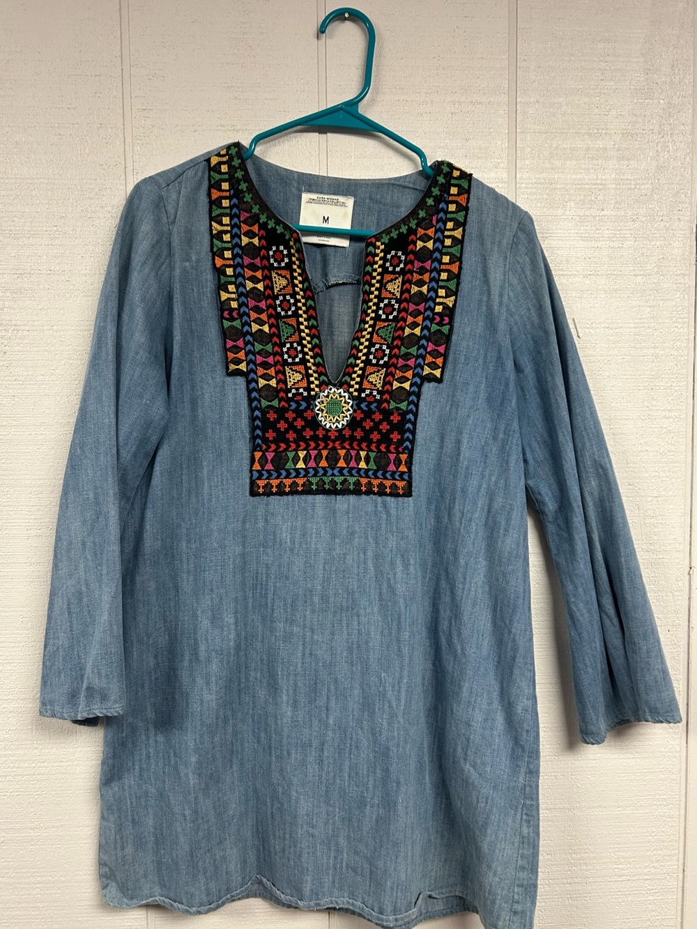 Zara Multicolor Embroidered Denim Long Shirt